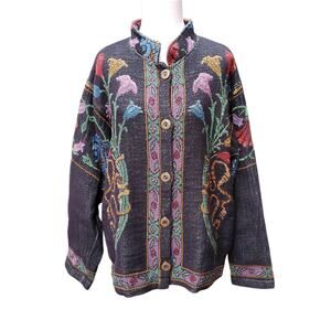 Sugar Street Weavers Black Green Multi Woven Tapestry Jacket Floral Vase Sz M